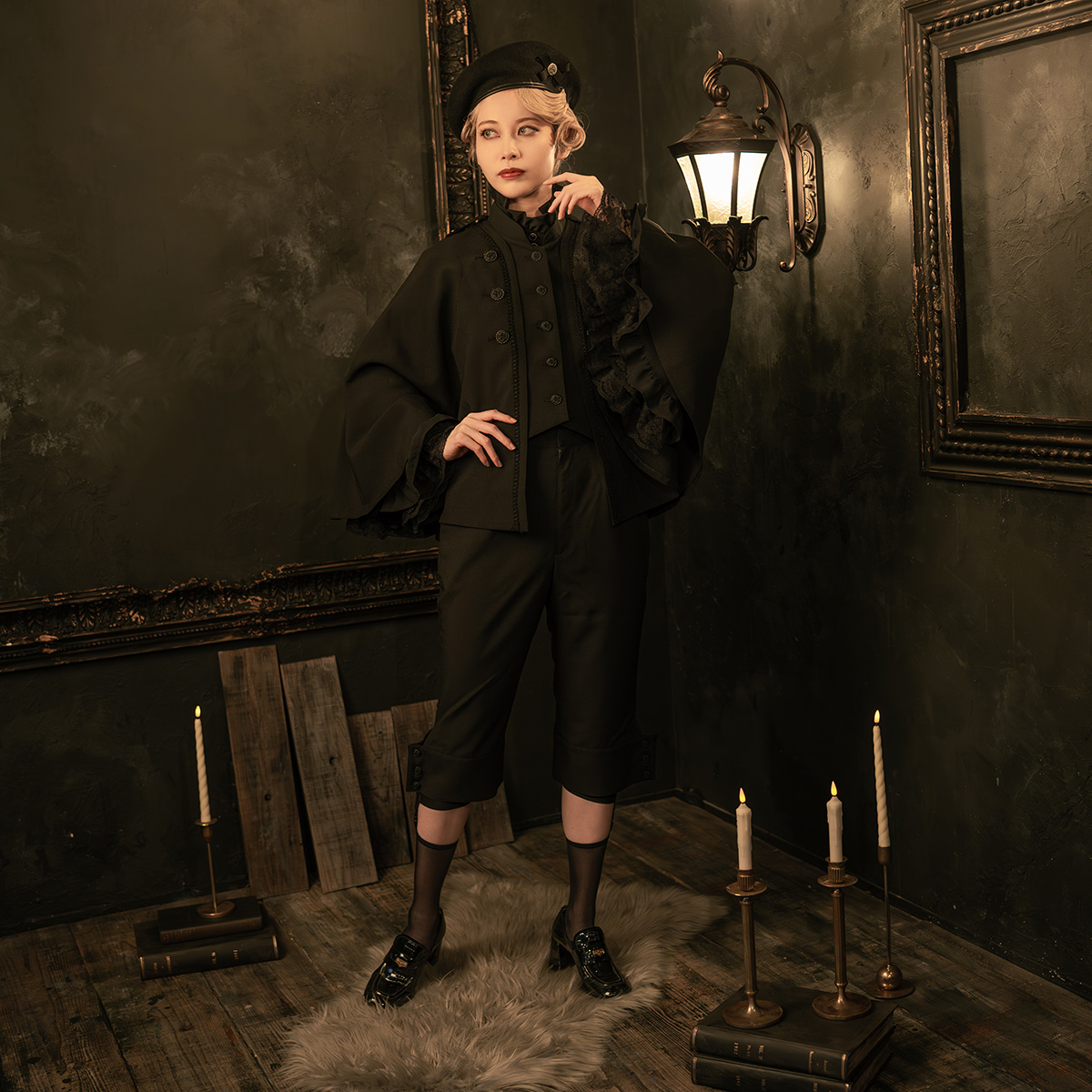 【美品】hazama　揺らめくロングベスト　ブラック　黒　ベロア　ハロウィン 極美品】hazama 揺らめくロングベスト ブラック 黒 ベロア ハロウィン